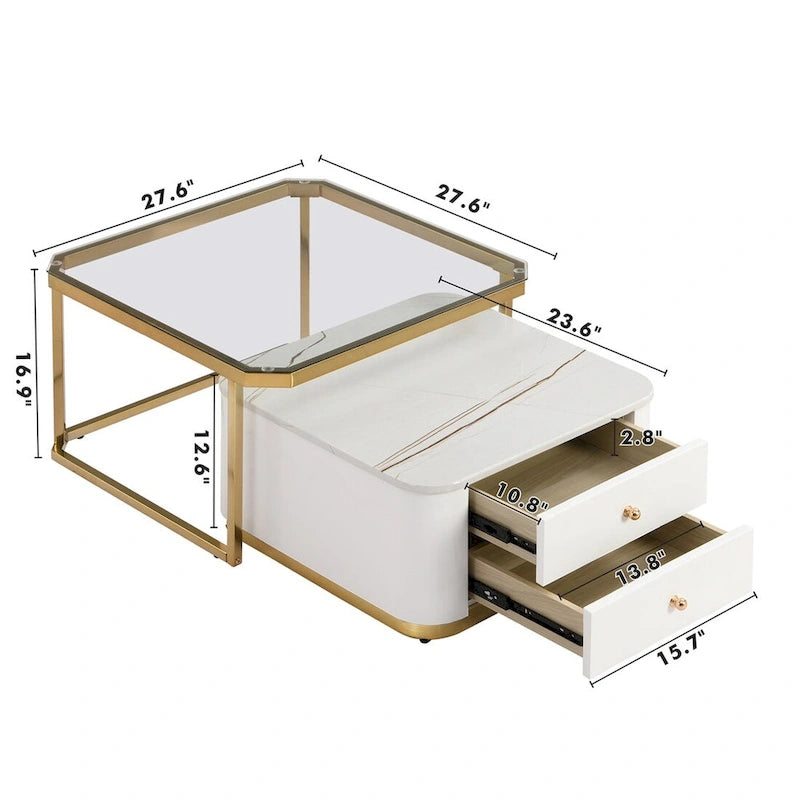 Ensemble de 2 tables basses gigognes avec tiroirs et pieds dorés
