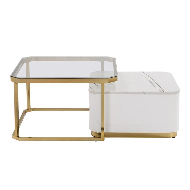 Ensemble de 2 tables basses gigognes avec tiroirs et pieds dorés