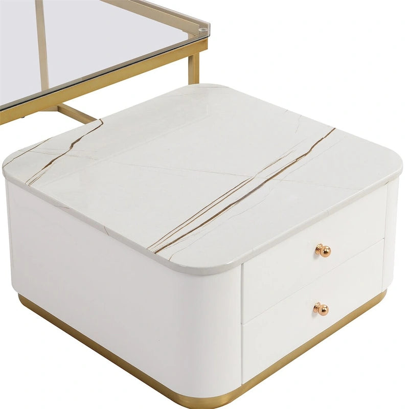 Ensemble de 2 tables basses gigognes avec tiroirs et pieds dorés