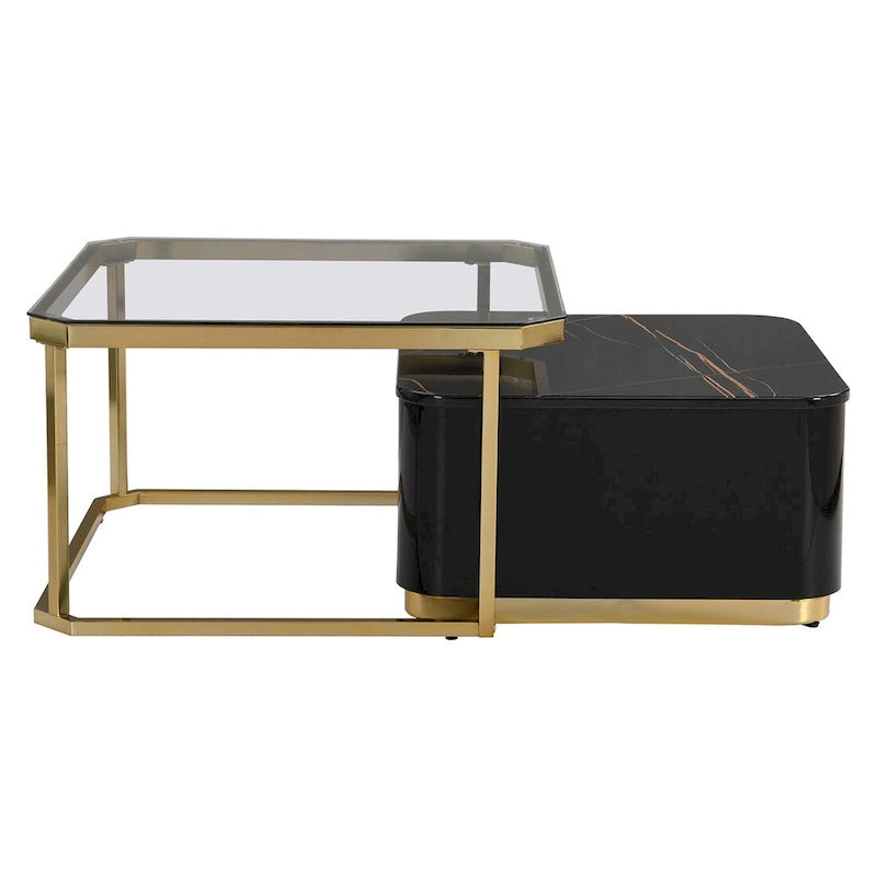 Ensemble de 2 tables basses gigognes avec tiroirs et pieds dorés