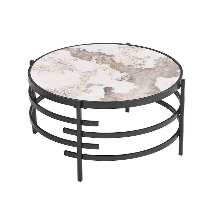 Table basse avec plateau en pierre frittée et structure en métal
