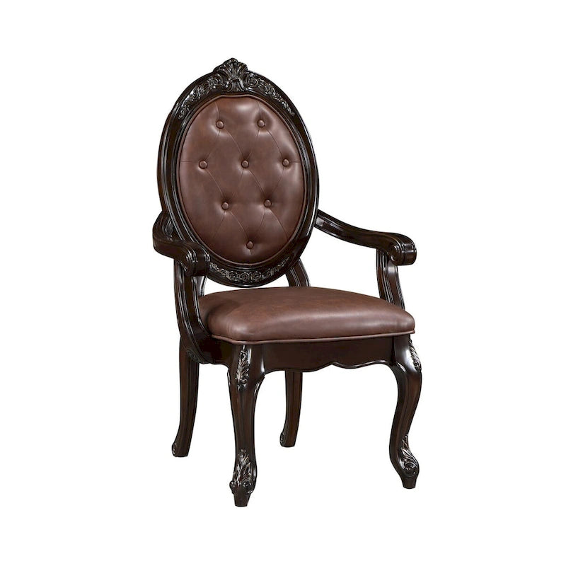 Fauteuil de salle à manger avec dossier sculpté et siège en similicuir, marron