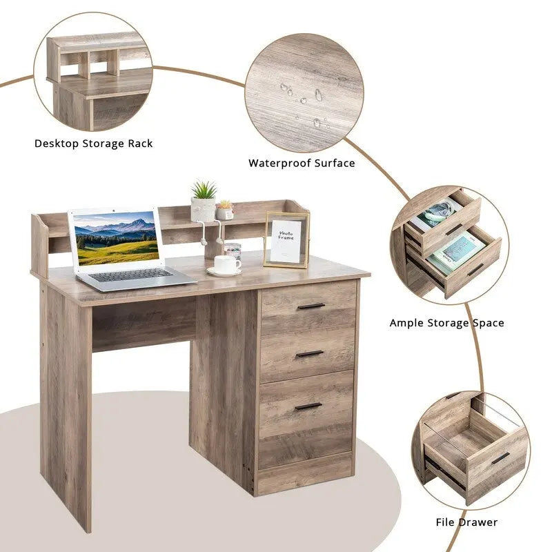 Bureau d'ordinateur en bois à 3 tiroirs avec étagère supérieure et classeur