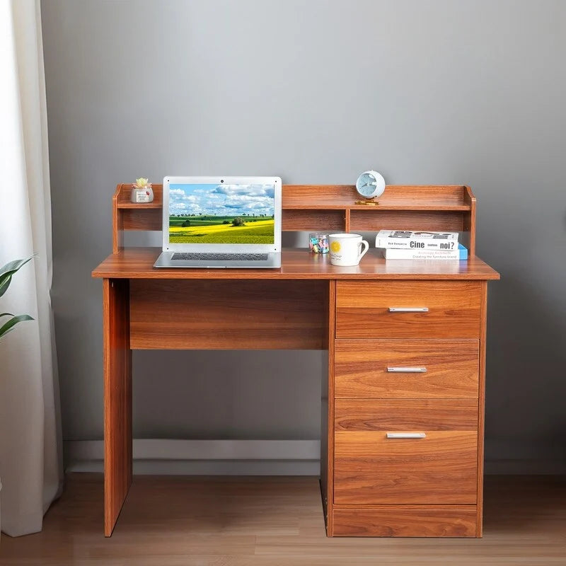 Bureau d'ordinateur en bois à 3 tiroirs avec étagère supérieure et classeur