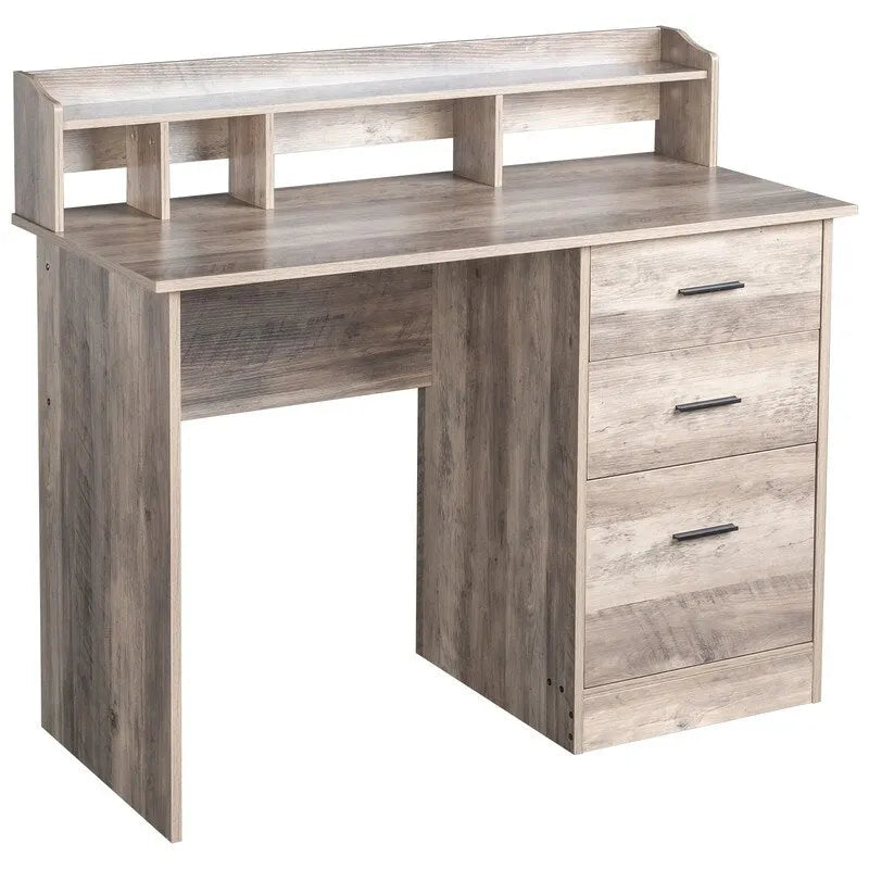 Bureau d'ordinateur en bois à 3 tiroirs avec étagère supérieure et classeur