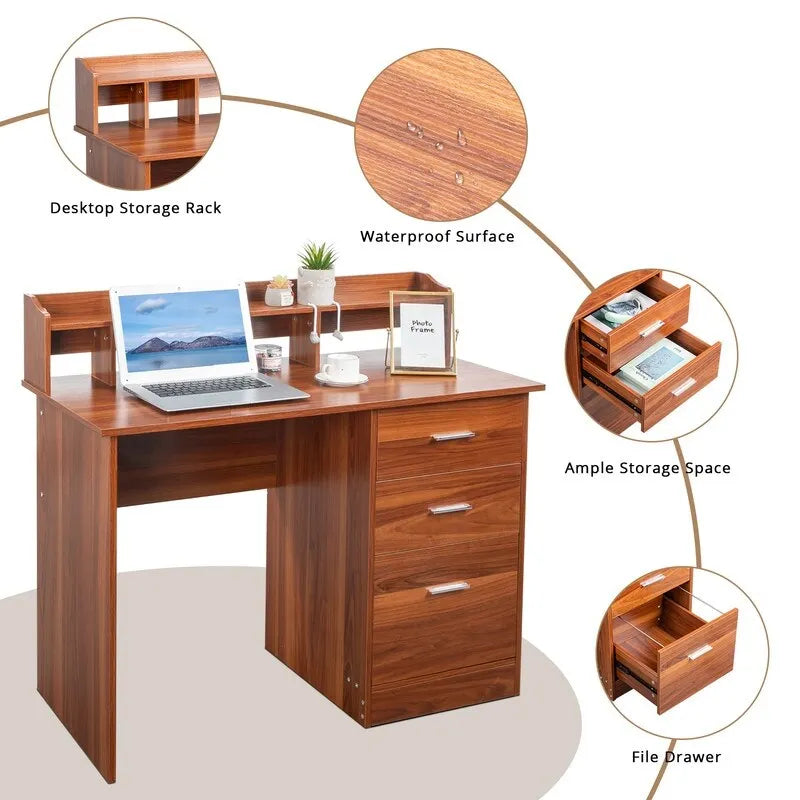 Bureau d'ordinateur en bois à 3 tiroirs avec étagère supérieure et classeur