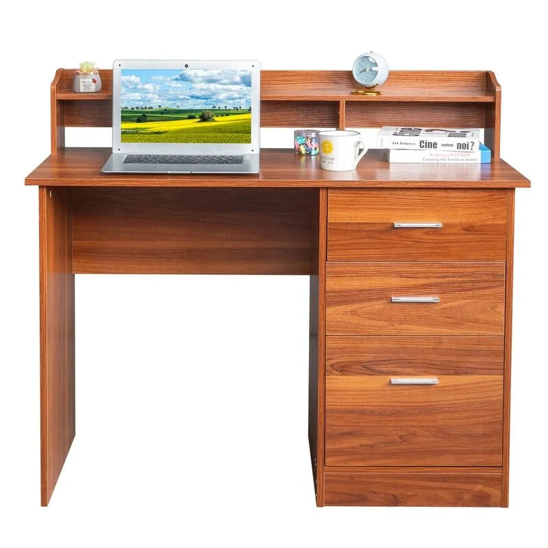 Bureau d'ordinateur en bois à 3 tiroirs avec étagère supérieure et classeur