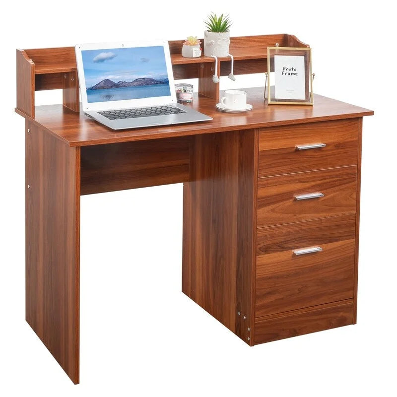 Bureau d'ordinateur en bois à 3 tiroirs avec étagère supérieure et classeur