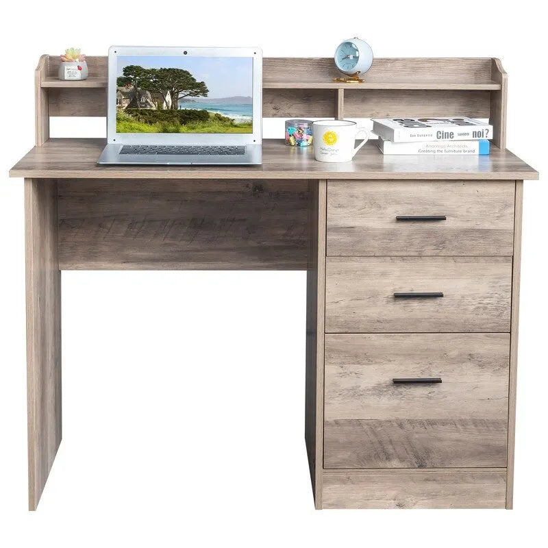 Bureau d'ordinateur en bois à 3 tiroirs avec étagère supérieure et classeur