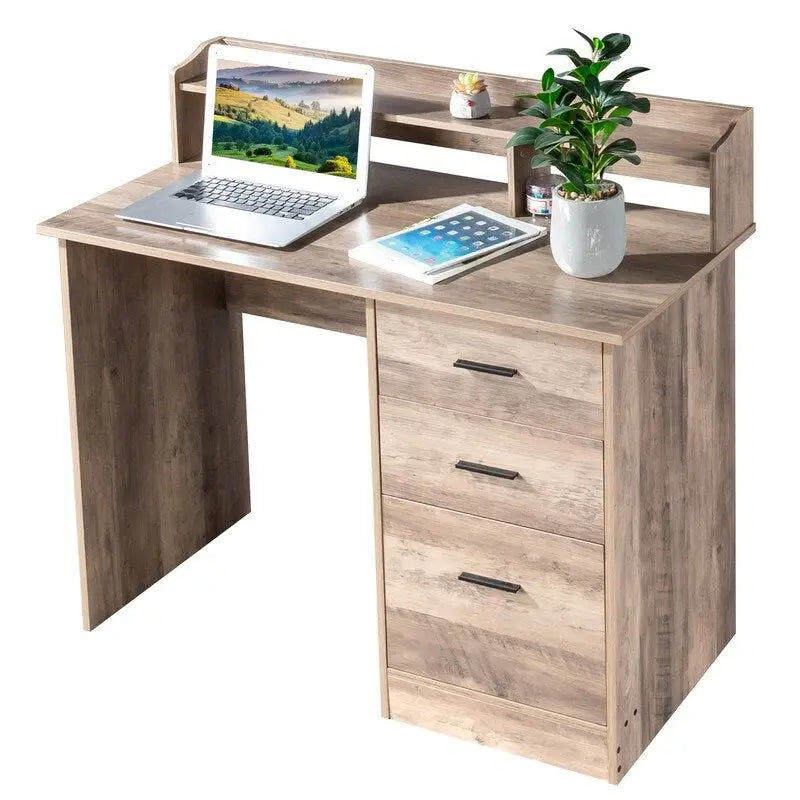 Bureau d'ordinateur en bois à 3 tiroirs avec étagère supérieure et classeur