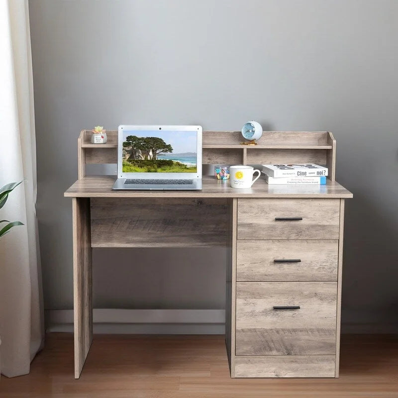 Bureau d'ordinateur en bois à 3 tiroirs avec étagère supérieure et classeur