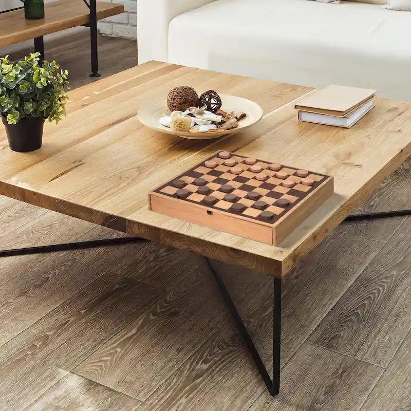 American Art Decor Wood Chess & Checkers Board Game Set with Drawer Tabletop Decor - 2.5 H x 16 L x 16 D