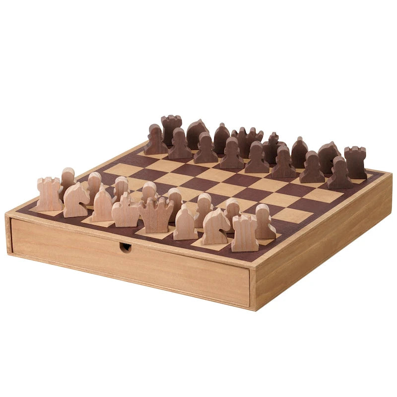 Jeu d'échecs et de dames en bois avec tiroir de rangement - H 6,35 cm x L 40,64 cm x P 40,64 cm