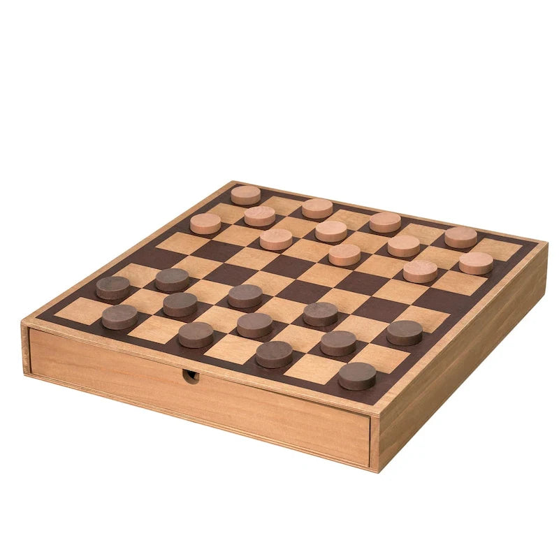Jeu d'échecs et de dames en bois avec tiroir de rangement - H 6,35 cm x L 40,64 cm x P 40,64 cm