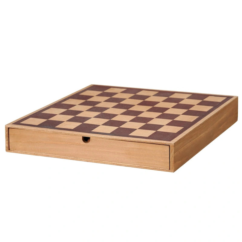 Jeu d'échecs et de dames en bois avec tiroir de rangement - H 6,35 cm x L 40,64 cm x P 40,64 cm