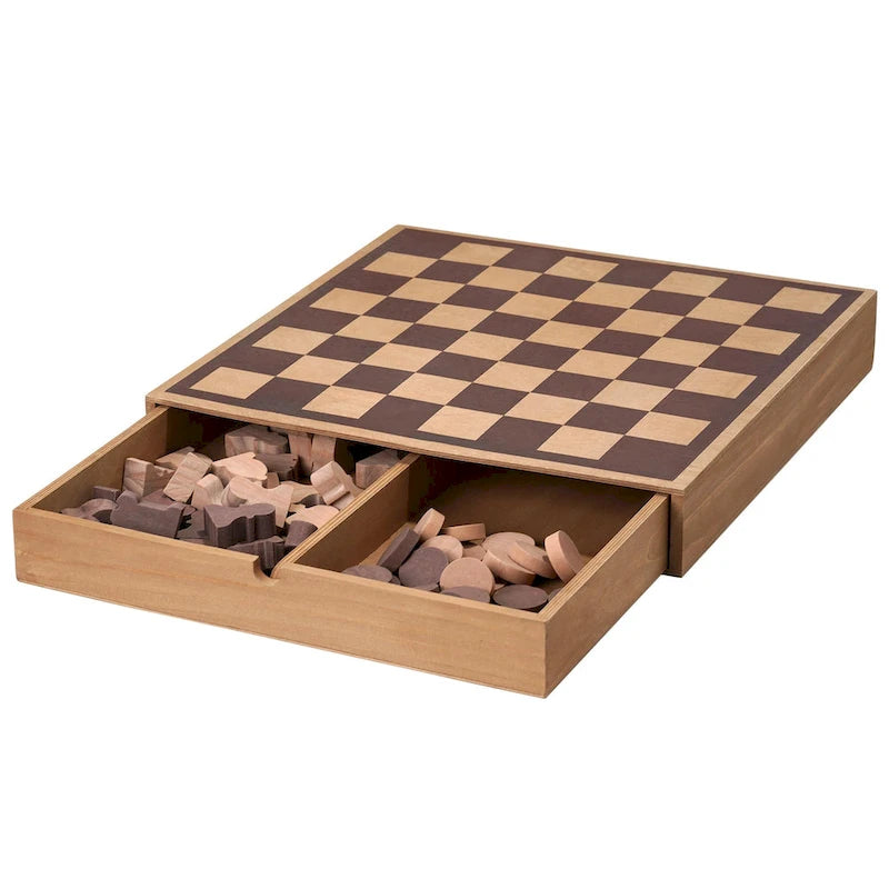 Jeu d'échecs et de dames en bois avec tiroir de rangement - H 6,35 cm x L 40,64 cm x P 40,64 cm