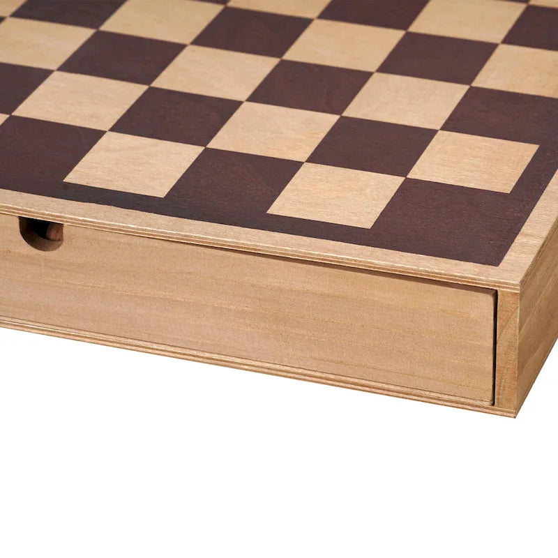 Jeu d'échecs et de dames en bois avec tiroir de rangement - H 6,35 cm x L 40,64 cm x P 40,64 cm