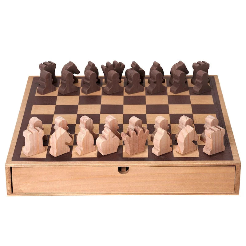 Jeu d'échecs et de dames en bois avec tiroir de rangement - H 6,35 cm x L 40,64 cm x P 40,64 cm