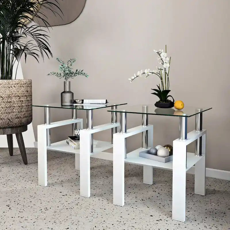 Lot de 2 tables d'appoint en verre trempé avec pieds en métal, carrées, noires