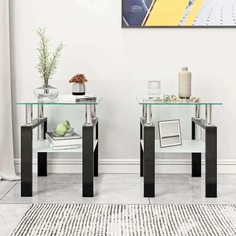 Lot de 2 tables d'appoint en verre trempé avec pieds en métal, carrées, noires