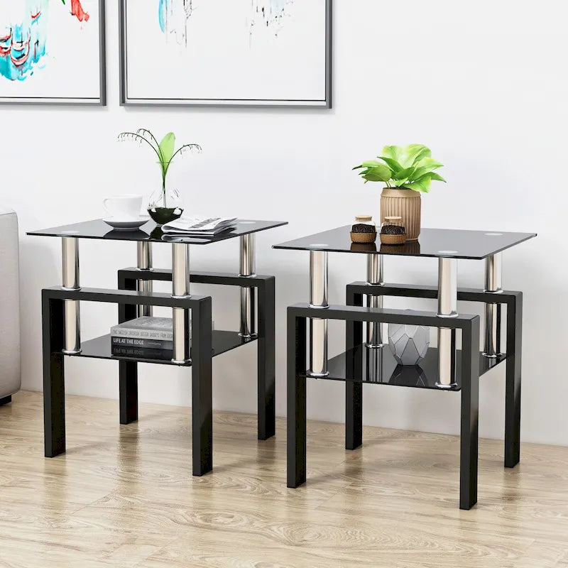 Lot de 2 tables d'appoint en verre trempé avec pieds en métal, carrées, noires