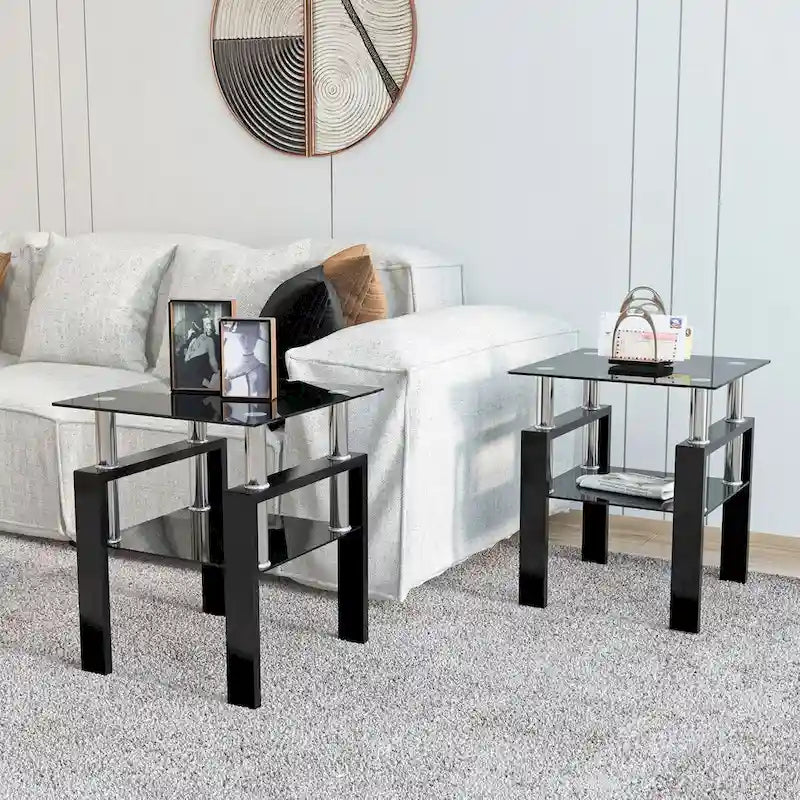 Lot de 2 tables d'appoint en verre trempé avec pieds en métal, carrées, noires