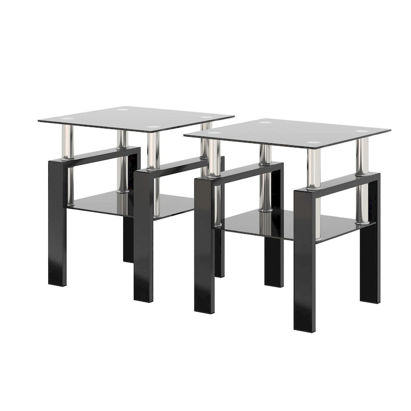 Lot de 2 tables d'appoint en verre trempé avec pieds en métal, carrées, noires