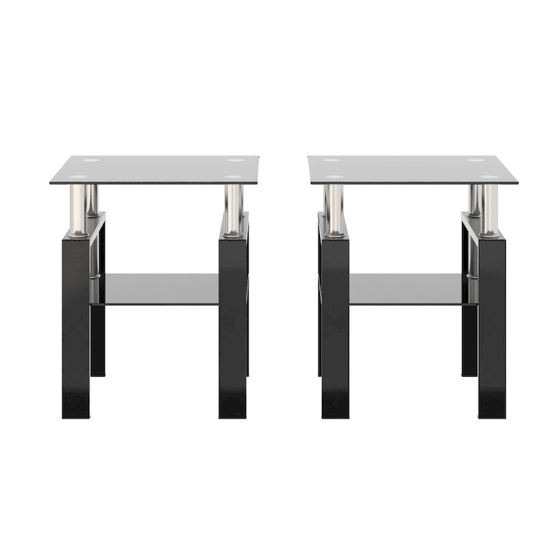 Lot de 2 tables d'appoint en verre trempé avec pieds en métal, carrées, noires