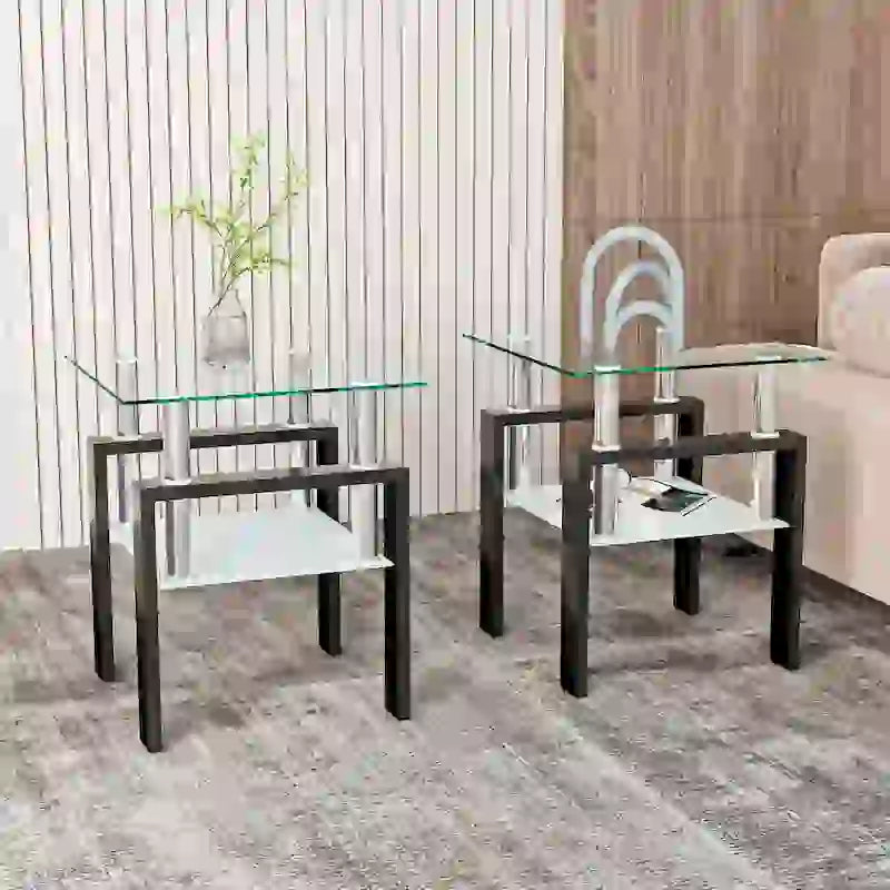 Lot de 2 tables d'appoint en verre trempé avec pieds en métal, carrées, noires