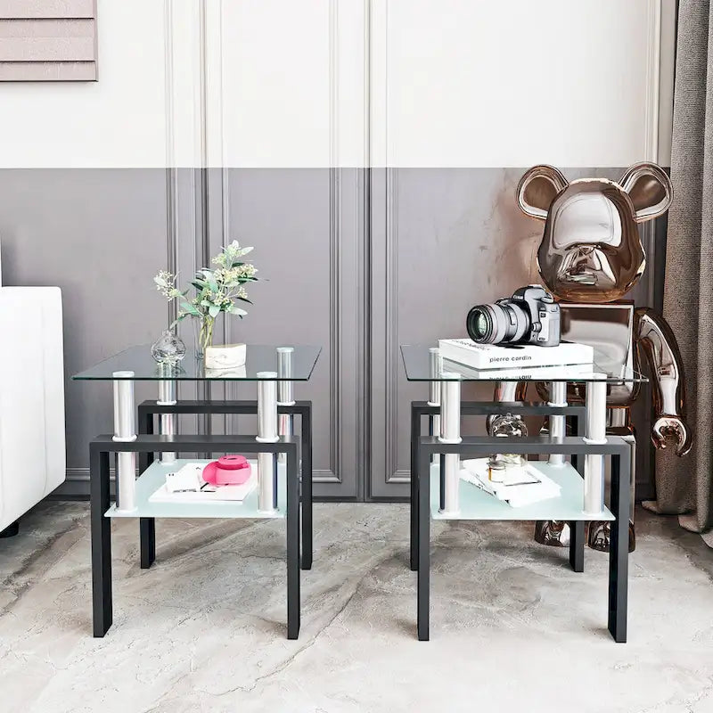 Lot de 2 tables d'appoint en verre trempé avec pieds en métal, carrées, noires