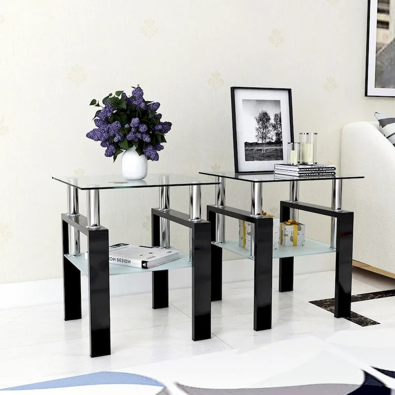 Lot de 2 tables d'appoint en verre trempé avec pieds en métal, carrées, noires