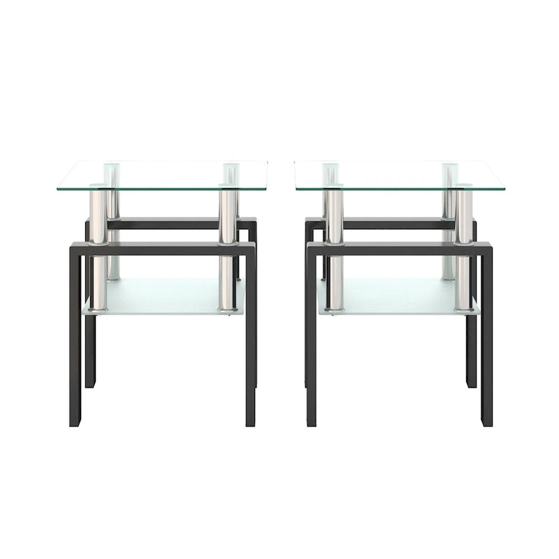 Lot de 2 tables d'appoint en verre trempé avec pieds en métal, carrées, noires