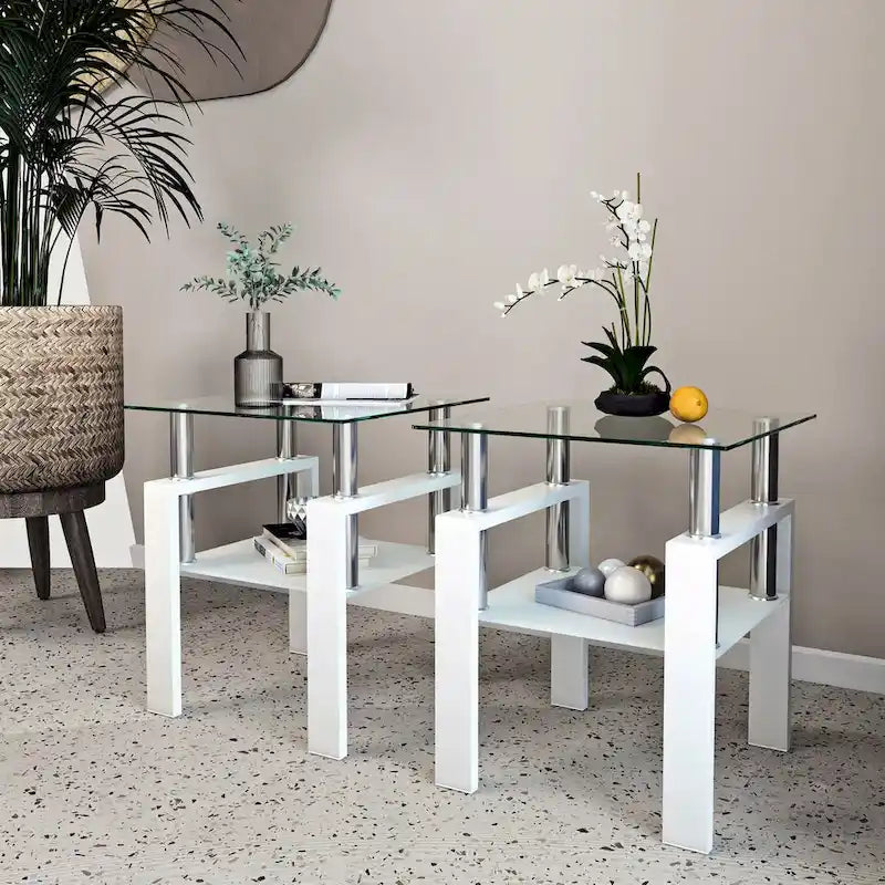 Lot de 2 tables d'appoint en verre trempé avec pieds en métal, carrées, noires
