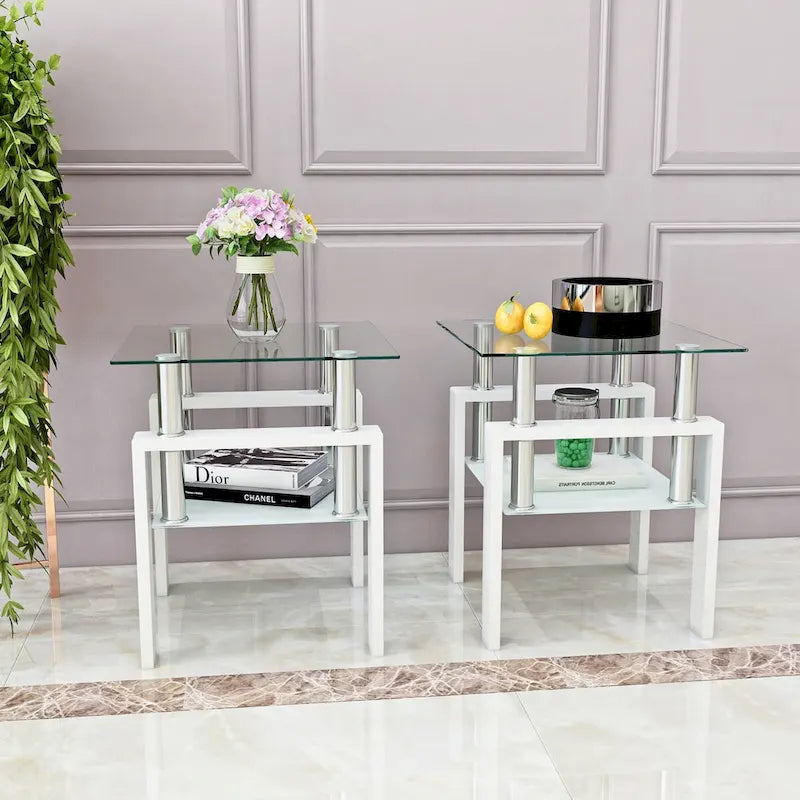 Lot de 2 tables d'appoint en verre trempé avec pieds en métal, carrées, noires
