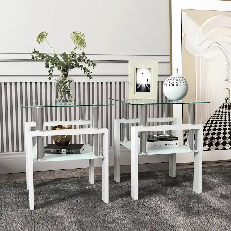 Lot de 2 tables d'appoint en verre trempé avec pieds en métal, carrées, noires
