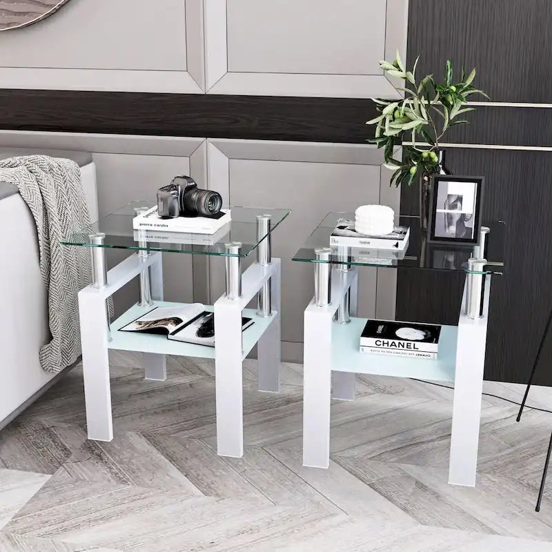 Lot de 2 tables d'appoint en verre trempé avec pieds en métal, carrées, noires