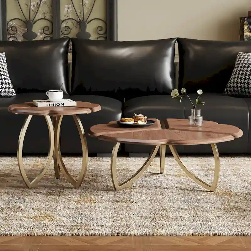 Tables basses gigognes rondes en placage de noyer, lot de 2