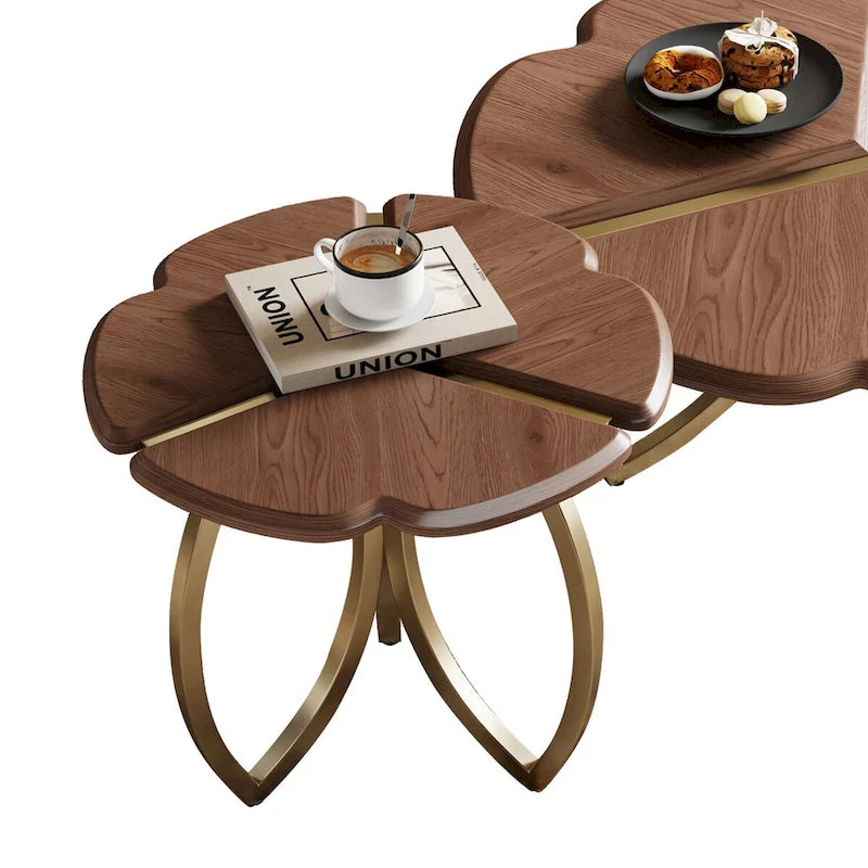 Tables basses gigognes rondes en placage de noyer, lot de 2