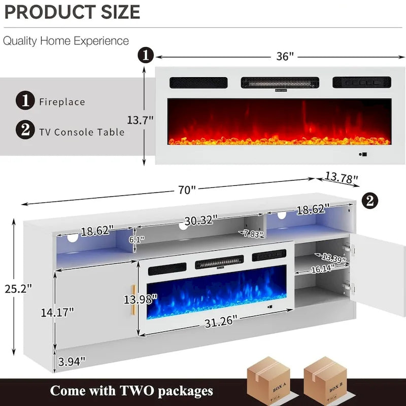Meuble TV de 70 po avec foyer électrique encastrable