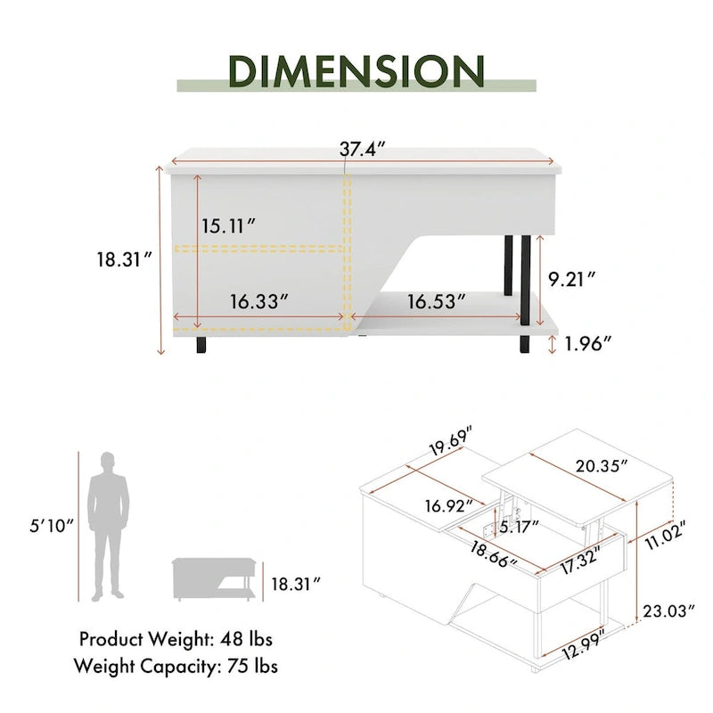Table basse relevable de 37 pouces avec lumière LED 16 couleurs et étagère réglable