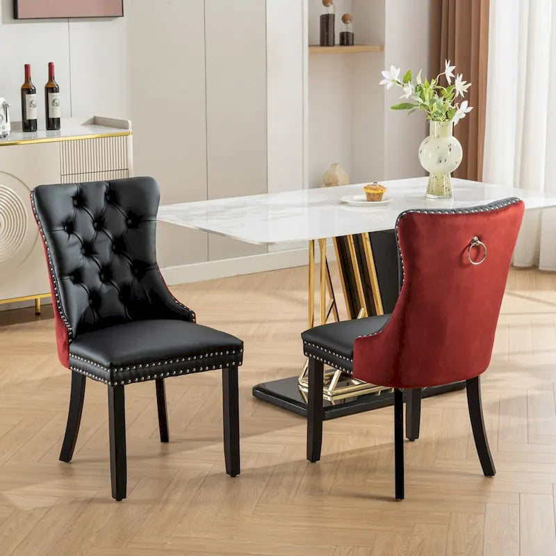 Lot de 2 chaises de salle à manger capitonnées avec garniture cloutée et pieds en bois