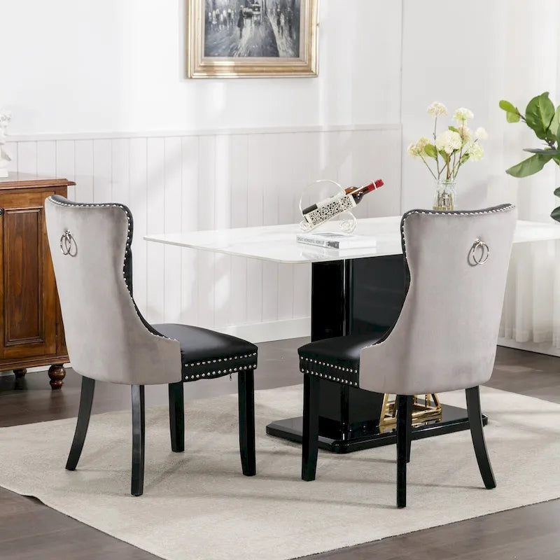 Lot de 2 chaises de salle à manger capitonnées avec garniture cloutée et pieds en bois