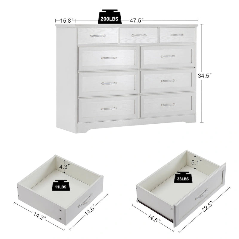 Commode 9 tiroirs style porte de grange, 120 cm de large, en bois