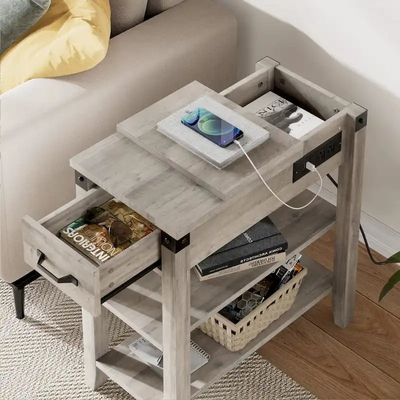 Table d'appoint étroite à 3 niveaux avec tiroir, étagères et station de charge intégrée