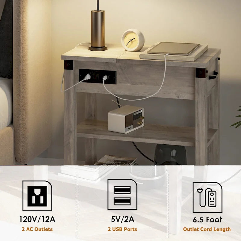 Table d'appoint étroite à 3 niveaux avec tiroir, étagères et station de charge intégrée