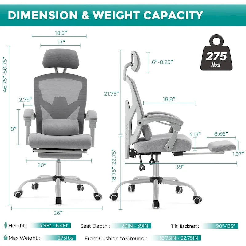 Chaise de bureau inclinable à dossier haut avec repose-pieds, appuie-tête et support lombaire réglables
