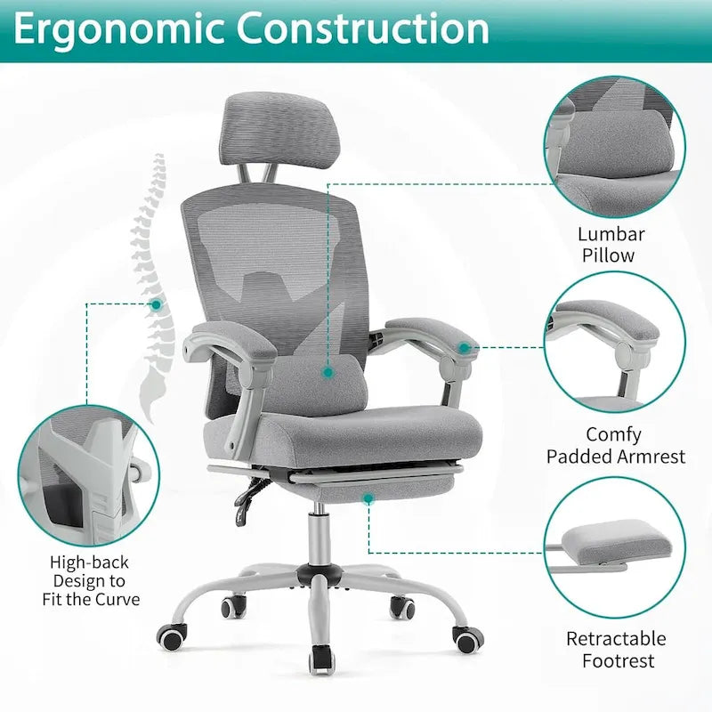Chaise de bureau inclinable à dossier haut avec repose-pieds, appuie-tête et support lombaire réglables