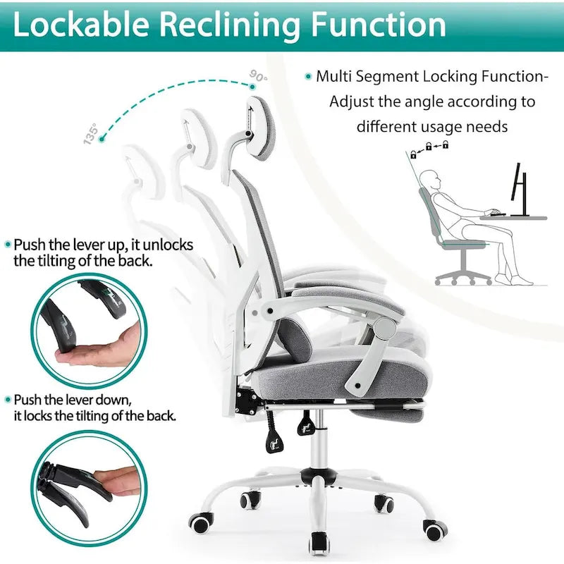 Chaise de bureau inclinable à dossier haut avec repose-pieds, appuie-tête et support lombaire réglables