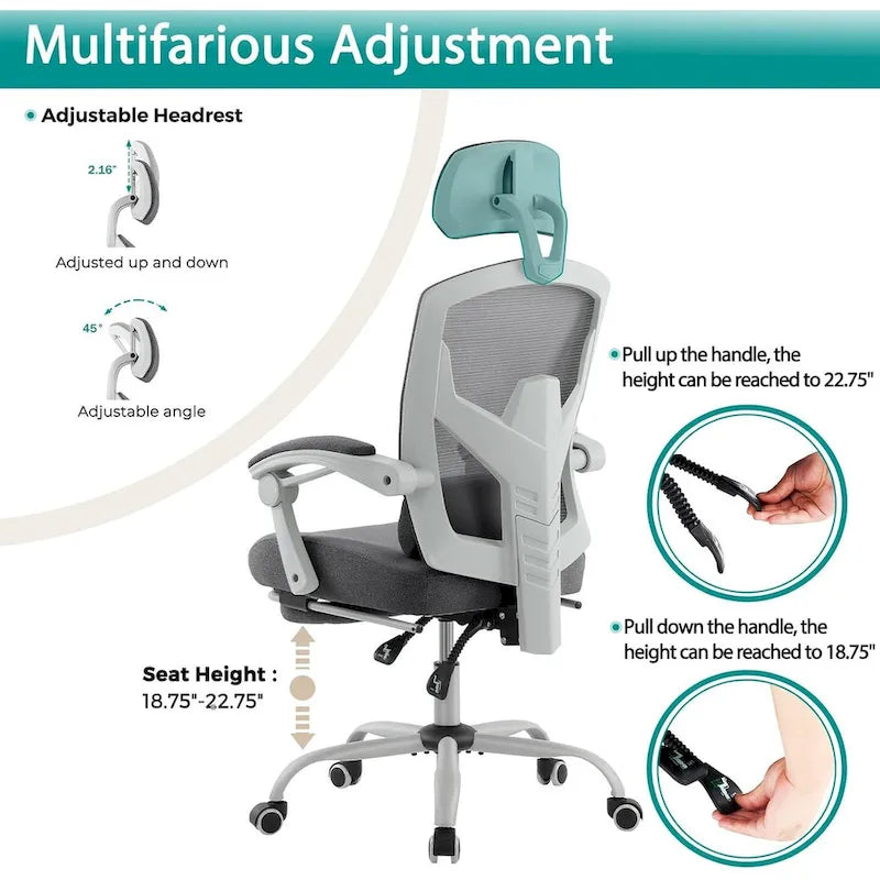 Chaise de bureau inclinable à dossier haut avec repose-pieds, appuie-tête et support lombaire réglables