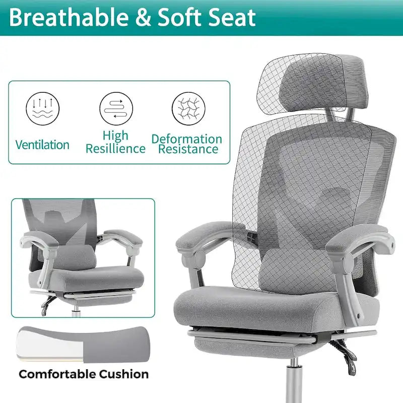 Chaise de bureau inclinable à dossier haut avec repose-pieds, appuie-tête et support lombaire réglables